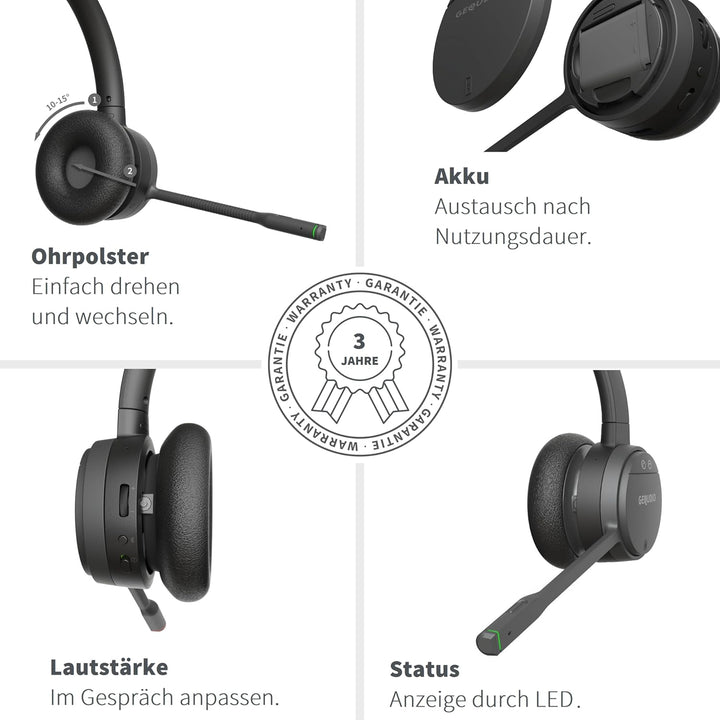 GEQUDIO GC-1 DECT Headset mit Ladestation für FritzBox - Kabellos Telefonieren am FritzFon – Duales