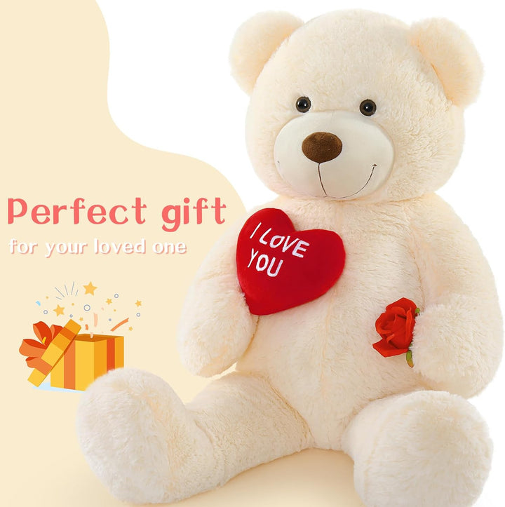 MorisMos 90cm Süss Teddybär gross XXL mit Rot Herz I Love You, Beige Riesen Teddy Bär als Geburtstag