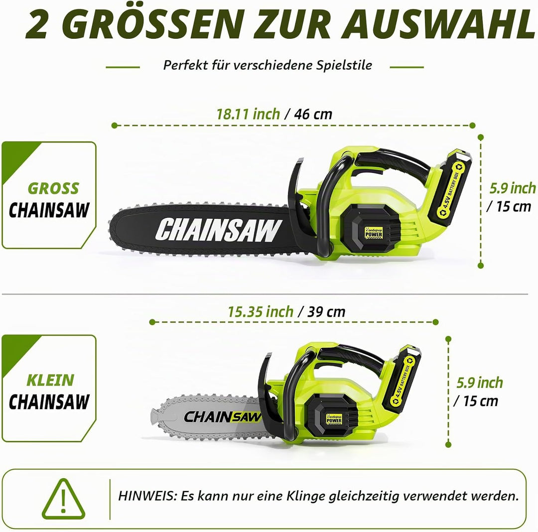 Pandapop 2 in 1 Kettensäge Kinder mit 2 Grössen, Kinder Gartengeräte mit Licht &amp; Sound inkl Schutzbr