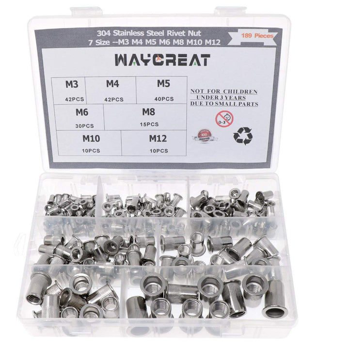 Waycreat 304 Nietmutter Edelstahl Sortiment,Rivet nut Nutsert Kit M3 M4 M5 M6 M8 M10 M12, 189-pack