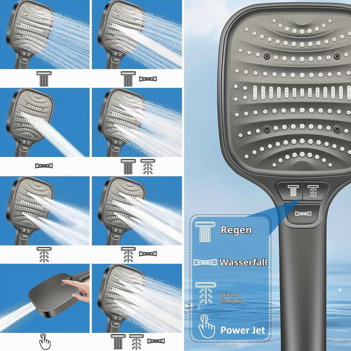 Duschkopf Gross Hochdruck – XXL Regenduschkopf mit 8 Strahlarten, Wassersparende Handbrause für Luxu