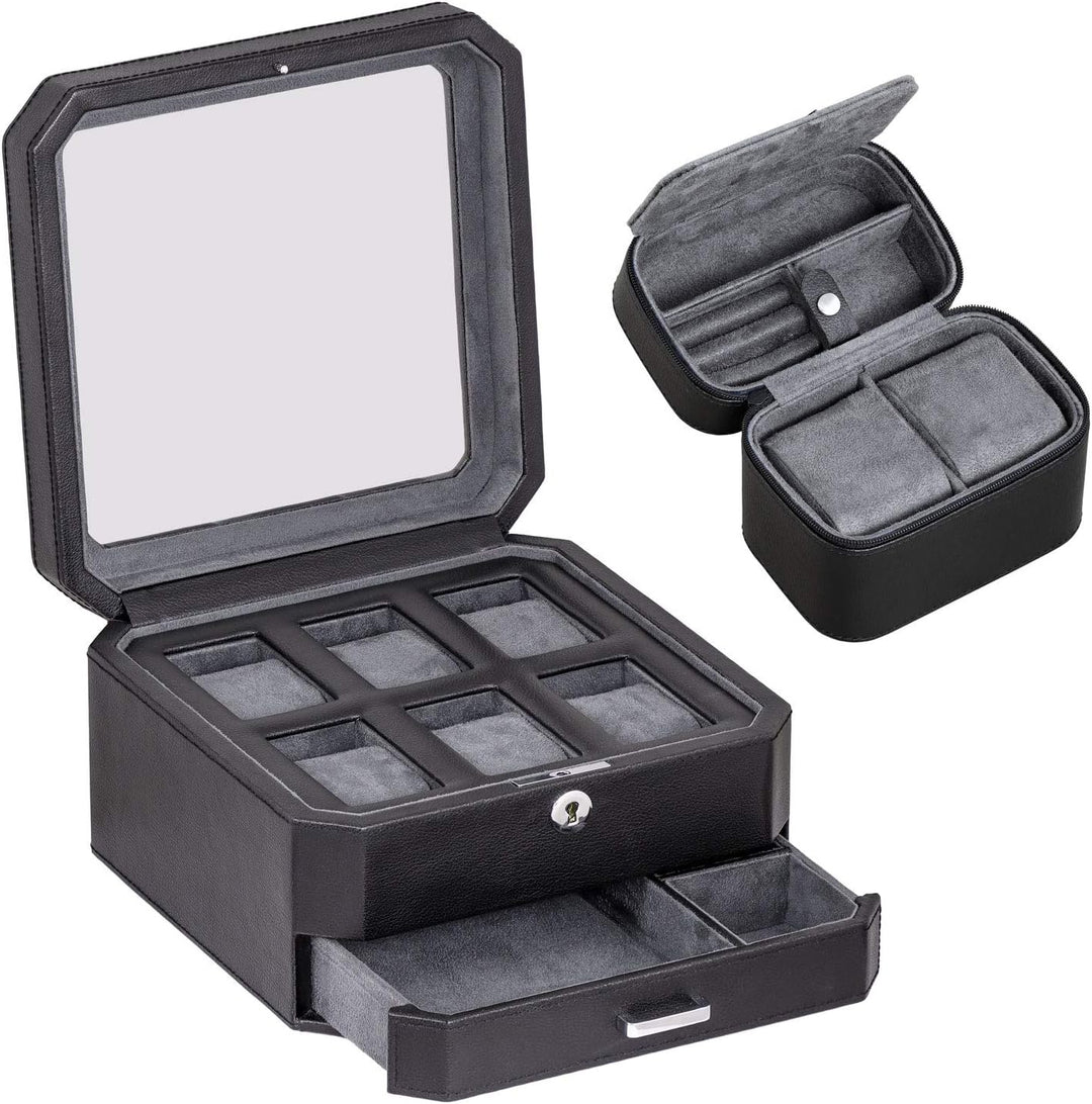 ROTHWELL Geschenkset 6 Slot Leder Uhrenbox und 2 Uhren Reiseetui - Luxus Uhrenetui Organizer, Aufbew