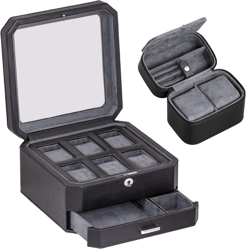 ROTHWELL Geschenkset 6 Slot Leder Uhrenbox und 2 Uhren Reiseetui - Luxus Uhrenetui Organizer, Aufbew