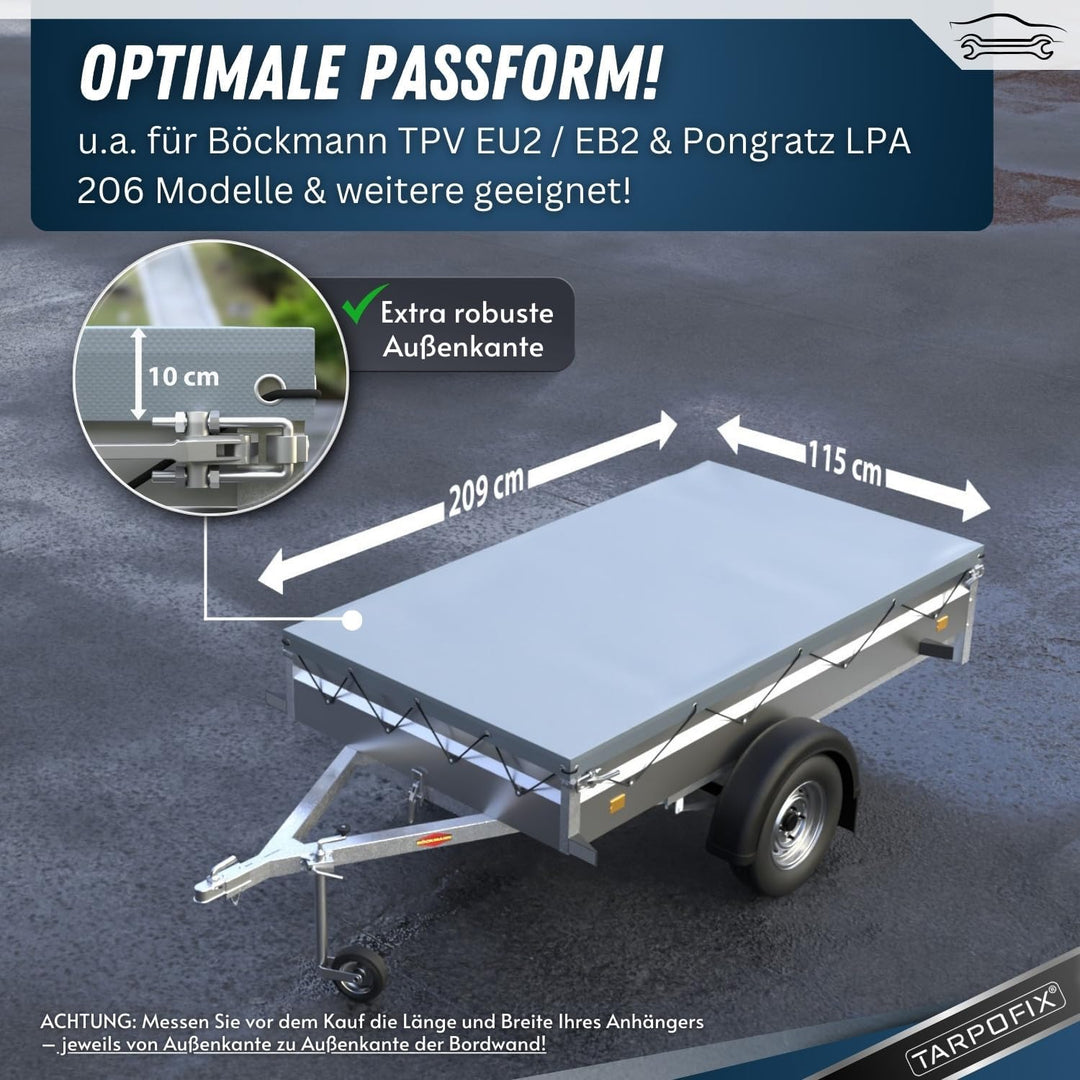 Tarpofix® Anhängerplane Flachplane 209x115x10 cm inkl. Planenseil - ECHTES PVC PLANENMATERIAL - Rand