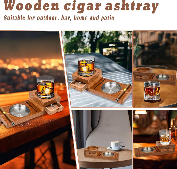 Zigarren-Aschenbecher, Whiskey-Untersetzer, Holzuntersetzer, Tablett und Zigarrenhalter mit Schublad