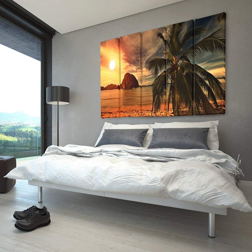 Feeby Frames, Leinwandbild Bilder Wand Bild - 5 Teile - Wandbilder Kunstdruck (PALME, SONNENUNTERGAN