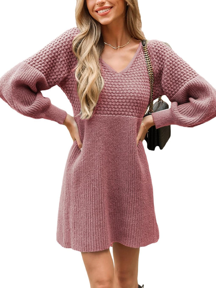 CUPSHE Damen Strickkleid Pulloverkleid V Ausschnitt Langarm Wabenmuster Feinstrick Pullikleid Knit S
