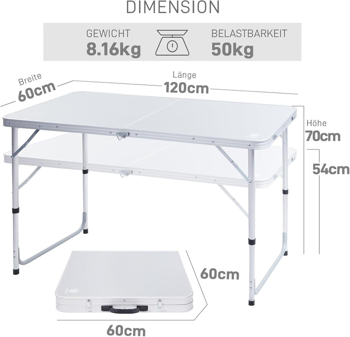EVER ADVANCED Campingtisch Klappbar Alu Klapptisch Alu 120 x 60cm Höhenverstellbar mit Stauraum, 4-6