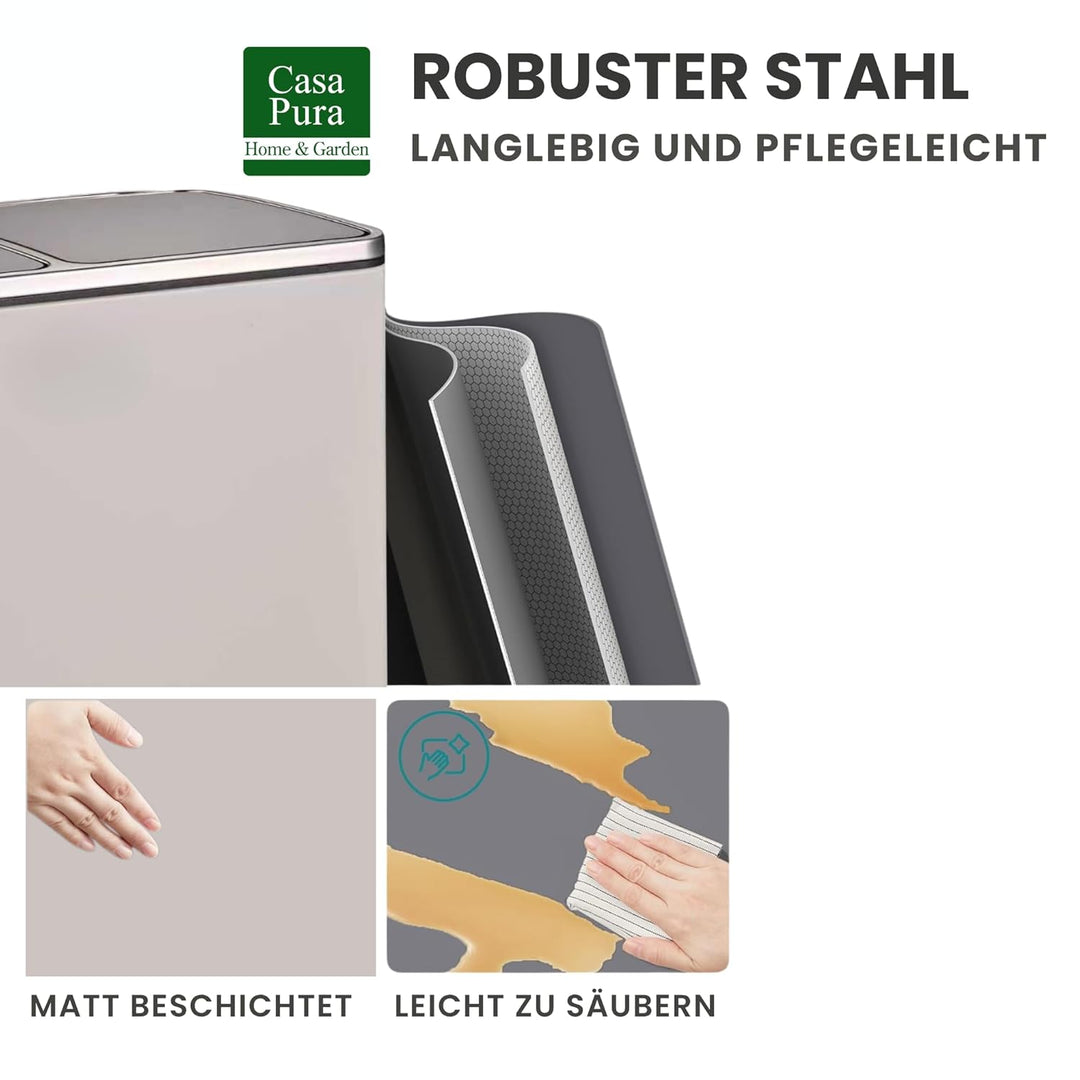 casa pura Floordirekt Mülleimer Küche 2×15L Weiss | 2-Fach Mülltrennsystem, Treteimer Küche, Metall,