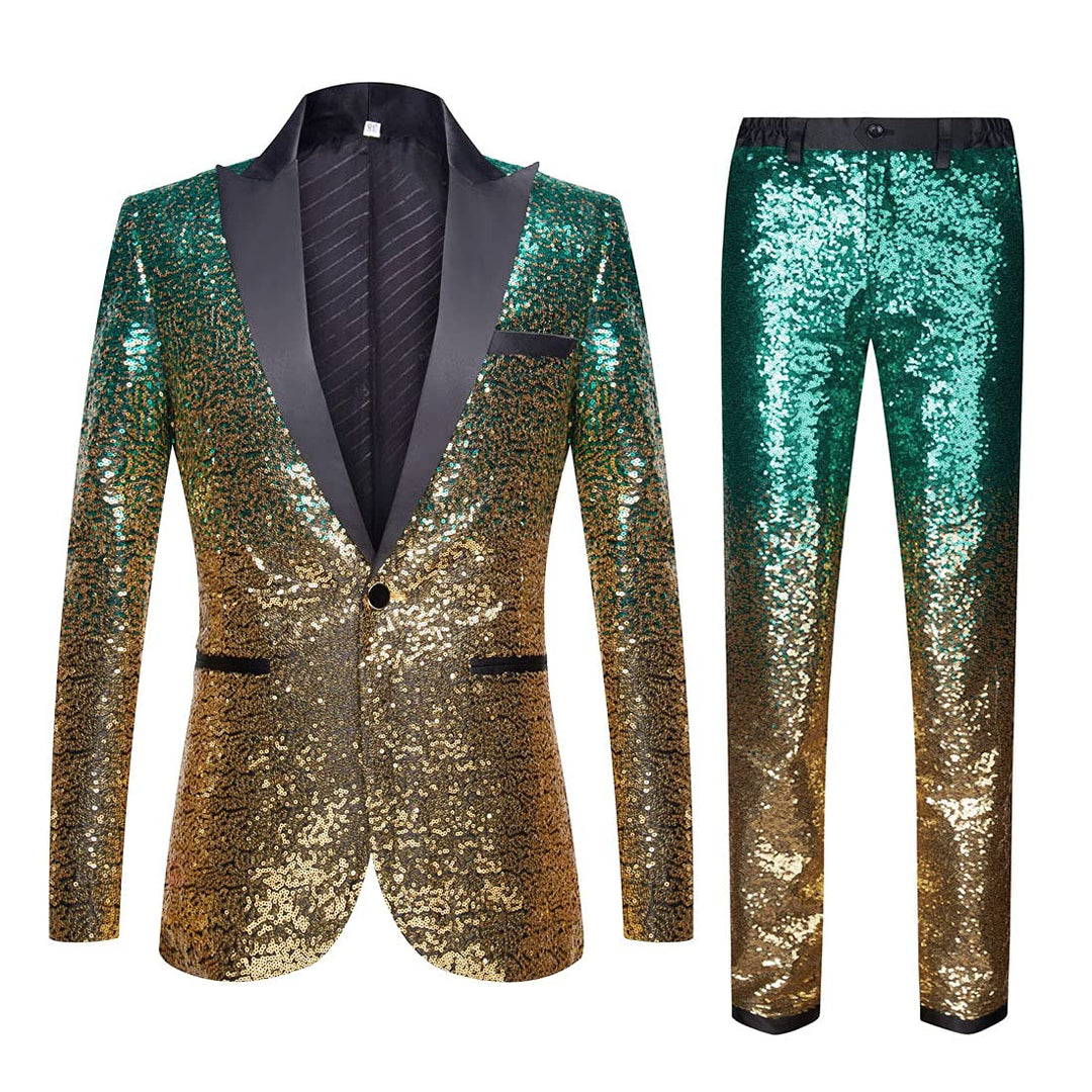 Herren Modische Blumenmuster Pailletten Zweiteiler Set Anzüge, Green Gold