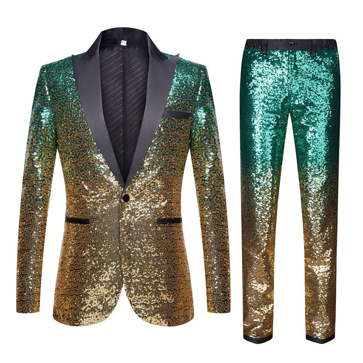 Herren Modische Blumenmuster Pailletten Zweiteiler Set Anzüge, Green Gold