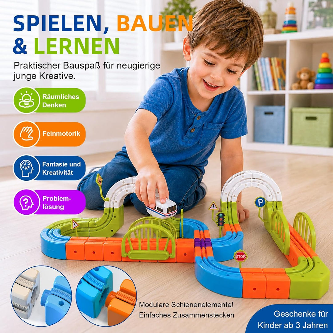 145 PCS Eisenbahn Elektrisch Cube Track, 3D Schwerkrafttrotzendes Zug Set, DIY Zugstrecken Spielzeug