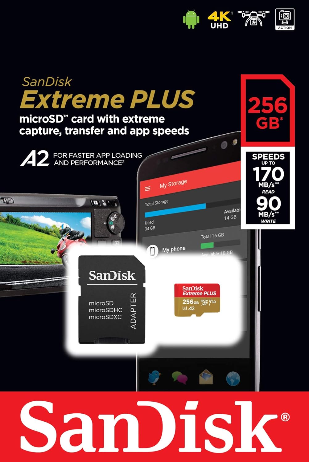SanDisk Extreme PLUS 256 GB microSDXC Memory Card + SD Adapter with A2 App Performance up to 170 MB/