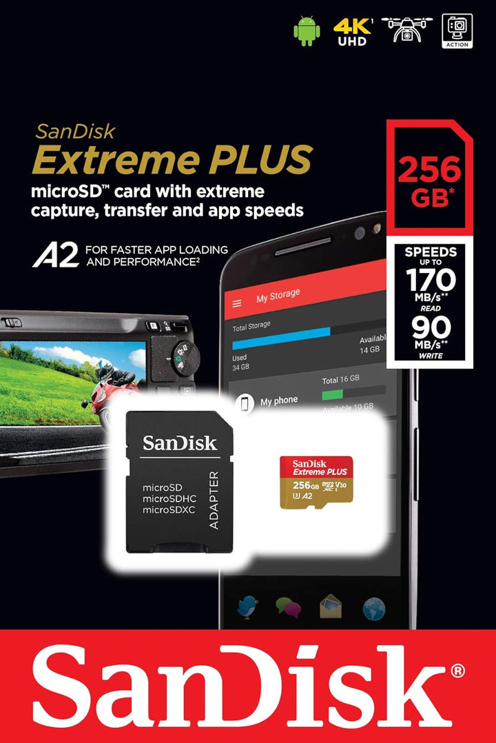 SanDisk Extreme PLUS 256 GB microSDXC Memory Card + SD Adapter with A2 App Performance up to 170 MB/