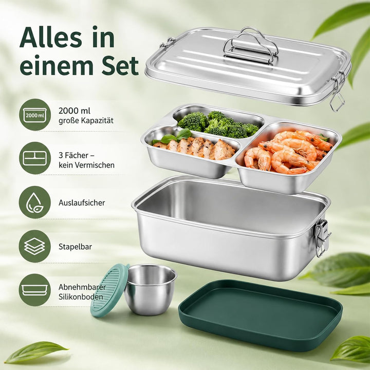 2000ml Premium Edelstahl Brotdose, Lunchbox Auslaufsicher Saucenbehälter