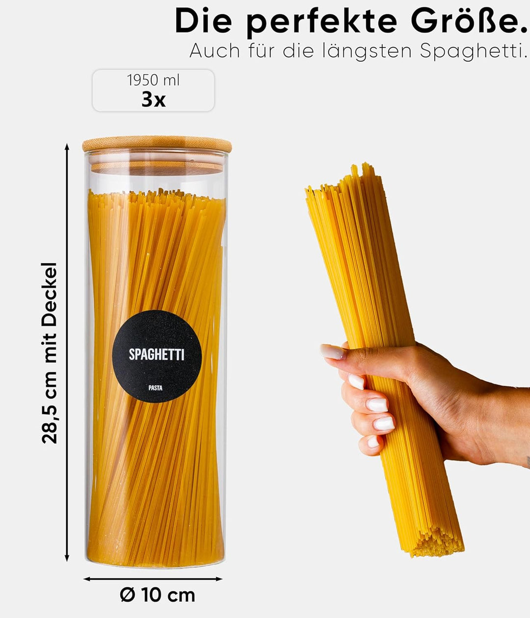 Deco haus® Spaghetti Aufbewahrung 3er Set - Vorratsgläser mit Deckel + Etiketten [LUFTDICHT] - Für M