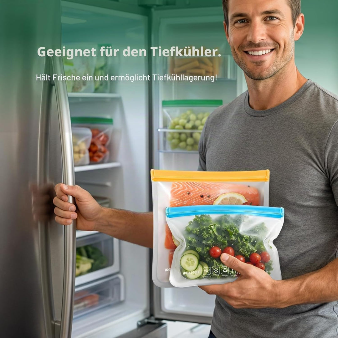 IDEATECH 15 Stück Wiederverwendbare Silikonbeutel-Set – Wasserfeste Zip-Gefrierbeutel für den Tiefkü