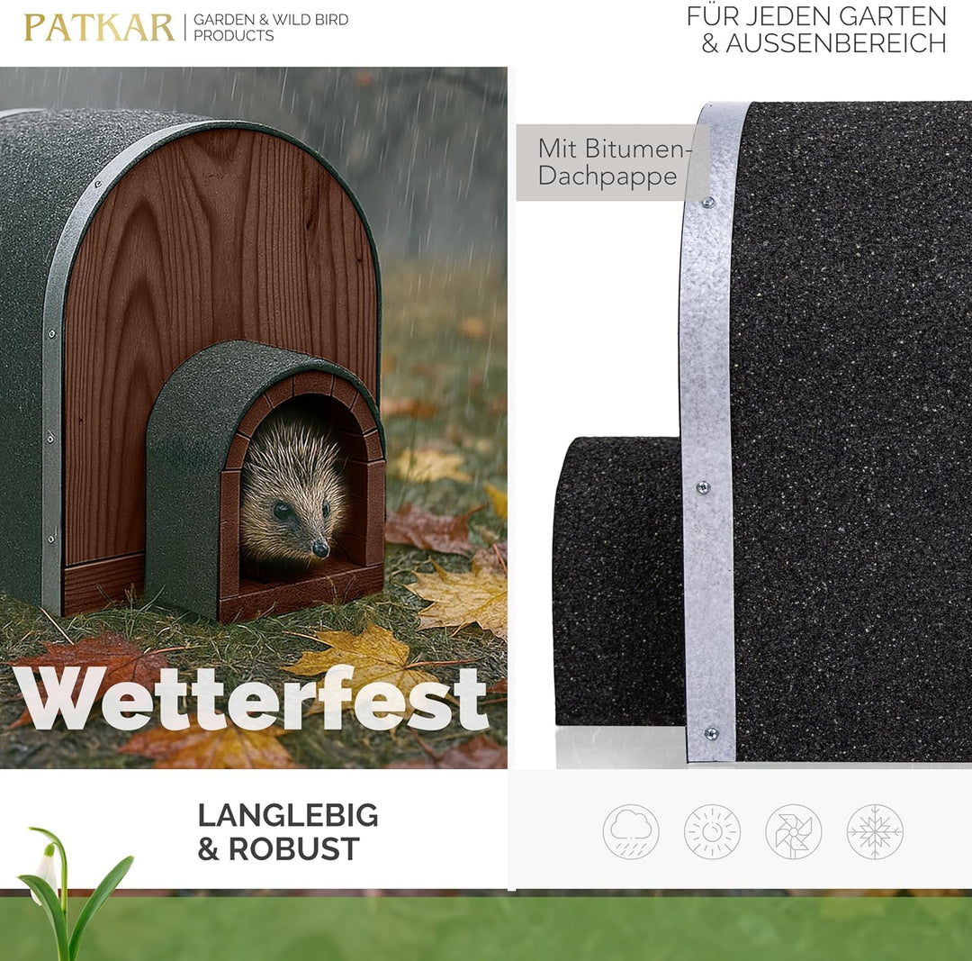 PATKAR Igelhaus Winterfest mit Boden [SCHÜTZT VOR FRESSFEINDEN] - Premium Igelfutterhaus (Made in Eu