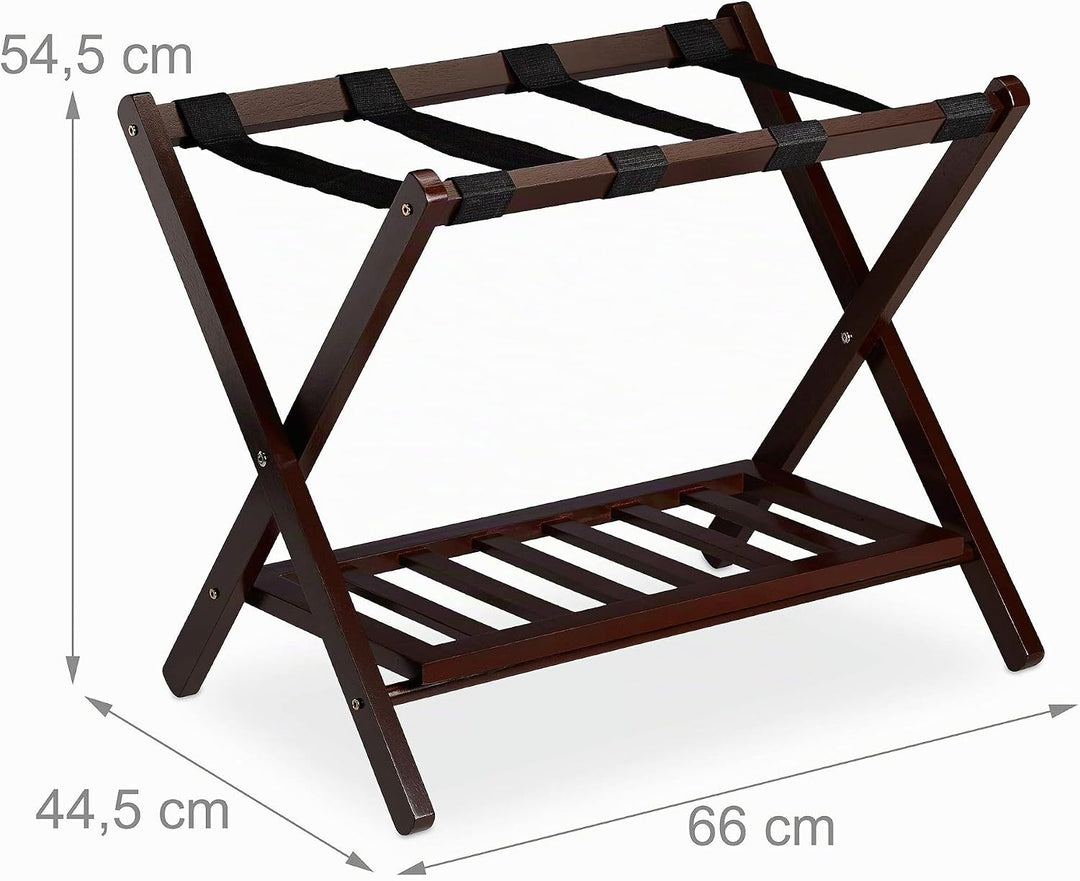 Relaxdays Kofferständer klappbar, Kofferhocker Holz, HBT 54,5 x 66 x 44,5 cm, 2 Ablagen, Kofferaufbe