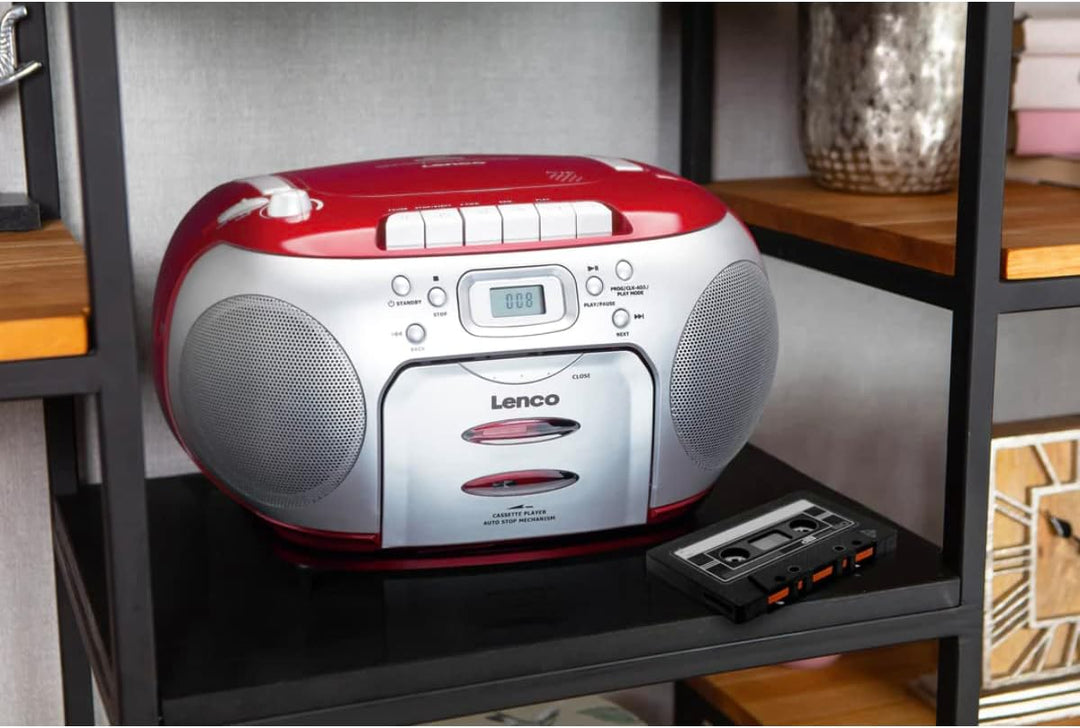 Lenco SCD-420RD Tragbares UKW-Radio mit Toplader CD-Spieler und Kassettendeck, LCD Display, Wiederho