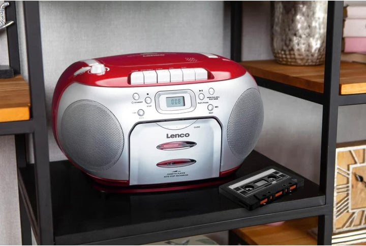 Lenco SCD-420RD Tragbares UKW-Radio mit Toplader CD-Spieler und Kassettendeck, LCD Display, Wiederho