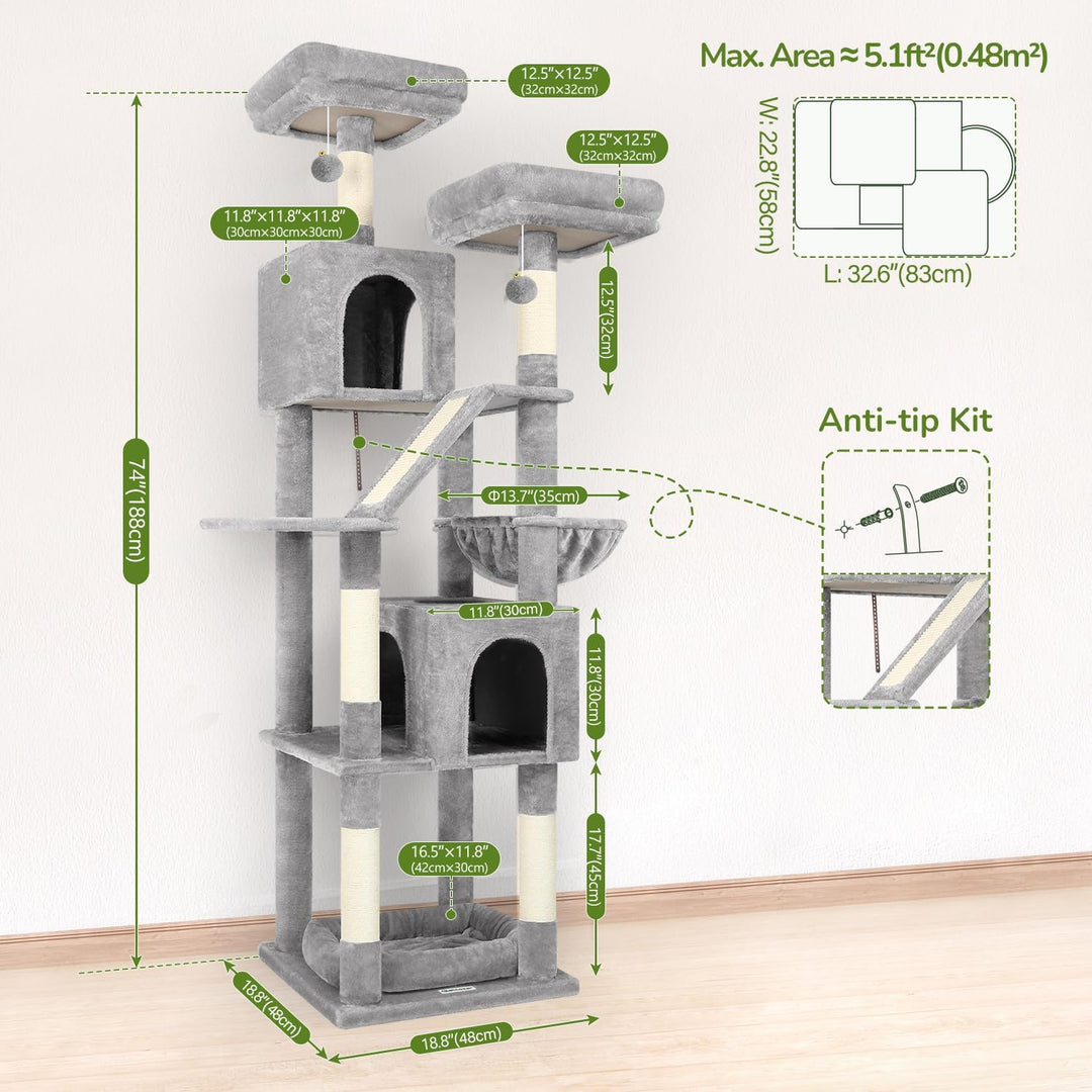 Globlazer F74D Kratzbaum Gross XXL Ecke Stabil 190cm fur 2-4 Katzen | Katzenbaum mit 2 Katzenhaus, 2