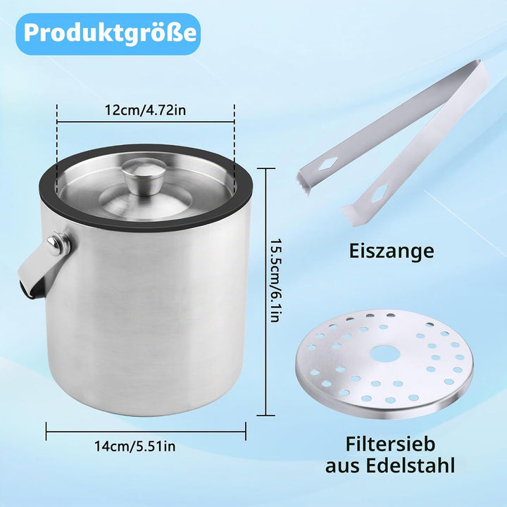 1.6L Eiswürfelbehälter, Eisbehälter mit Deckel, Eiskübel mit Clips und Sieb, Eiswürfelbehälter Edels