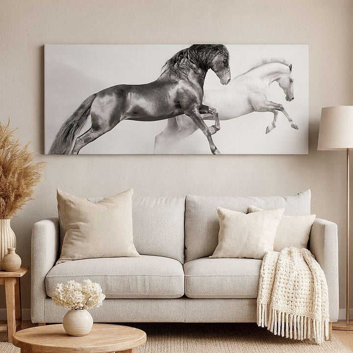 Wandbilder Dekoration Wohnzimmer Pferde Tiere Galopp Wiese Panorama Bilder auf Leinwand 120x50cm Lei