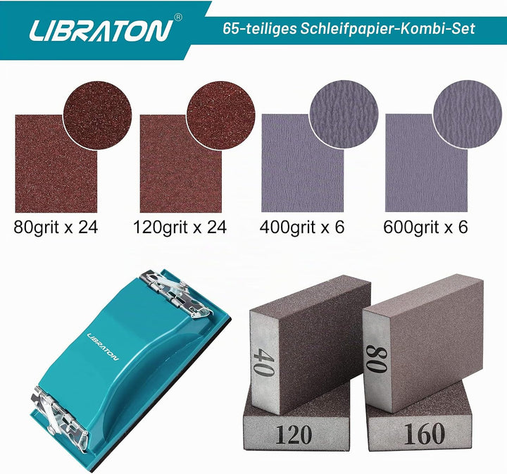 Schleifpapier, Schleifpapier holz, Schleifpapier Set K80 bis K600, Handschleifer, Sandpapier Set 65