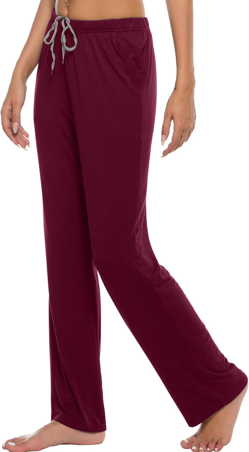 JINSHI Damen Schlafanzughose Lang Pyjamahose Weich Modal Nachtwäsche Freizeithose M Weinrot+ Schwarz