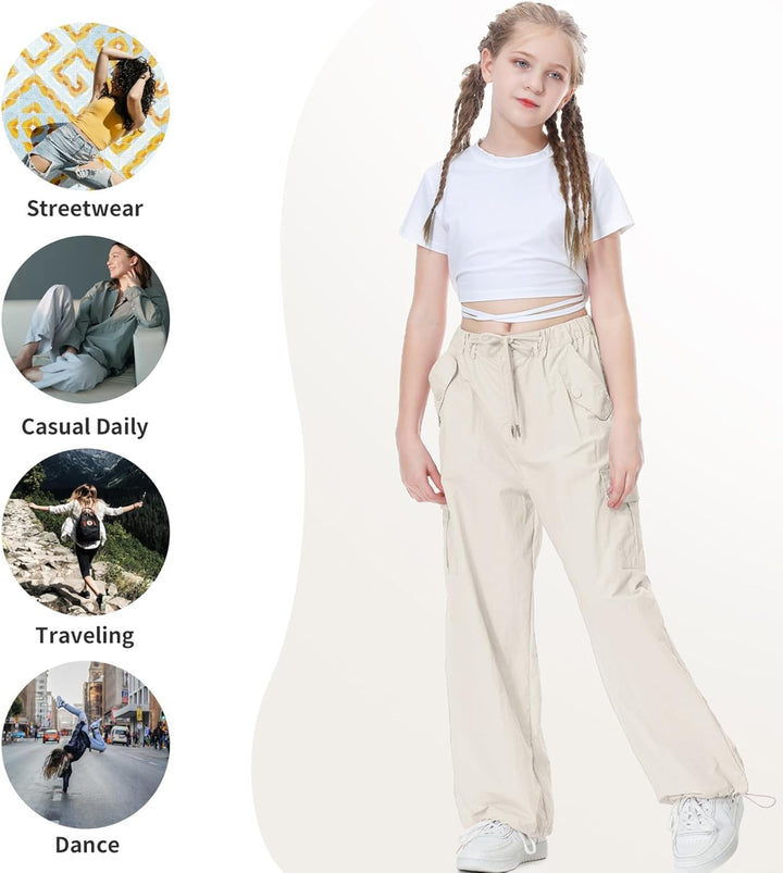 Rolanko Baggy Cargo Fallschirmhose für Mädchen, Y2K Vintage Jogger mit Verstellbarer Elastischer Tai