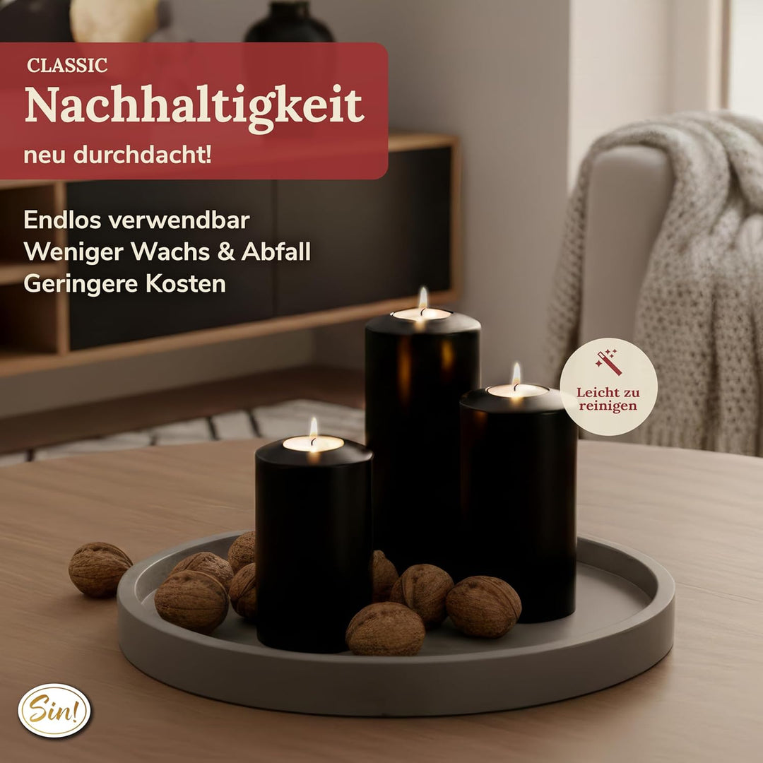 Sin! Teelichthalter Classic schwarz- ∅ 8 cm - Höhe 15 cm, Dauerkerze mit Teelicht in Kerzenform - Te
