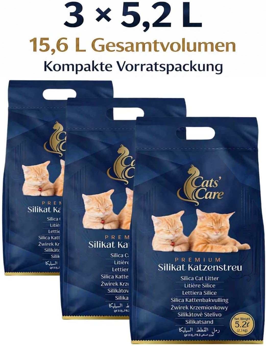 3 × 5,2 L Cats' Care Premium Silikat Katzenstreu, 3er Pack, Gesamtvolumen 15,6 L