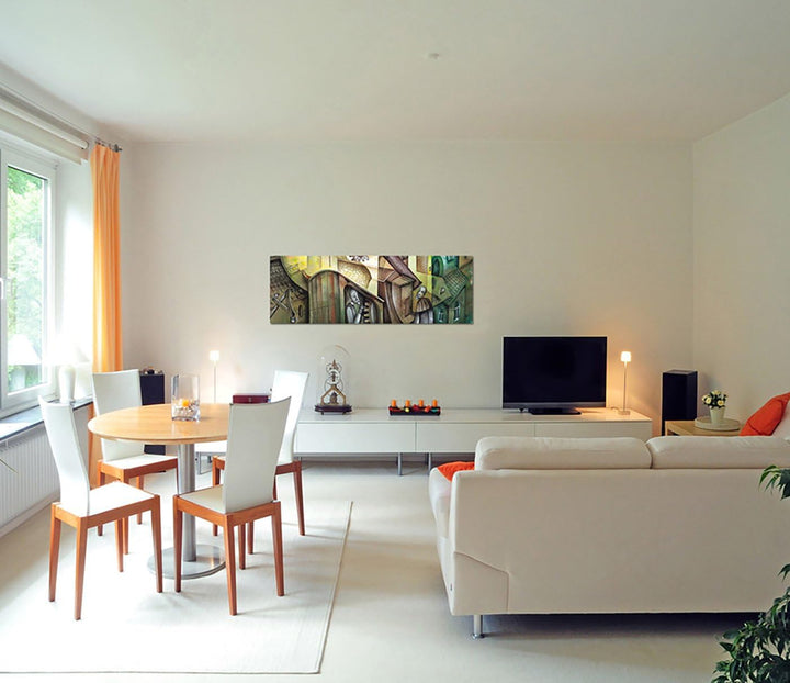 Paul Sinus Art Panoramabild auf Leinwand und Keilrahmen 150x50cm Gemälde Vintage abstrakt Häuser Fig