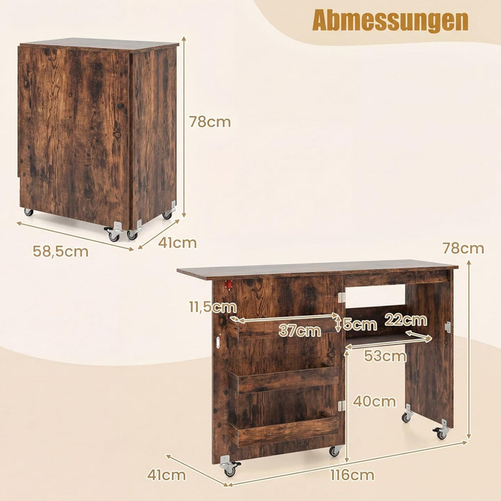GIANTEX Nähtisch klappbar, Nähmaschinentisch auf Rollen, Nähtisch für Nähmaschine, Nähschrank Holz,