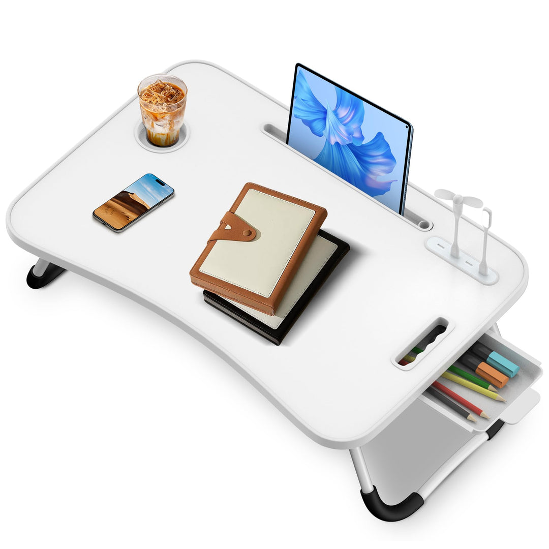 Soontrans Laptoptisch, 60 x 40 x 28 cm, Laptop Tisch mit Schublade, Getränkehalter, Kleiner Ventilat