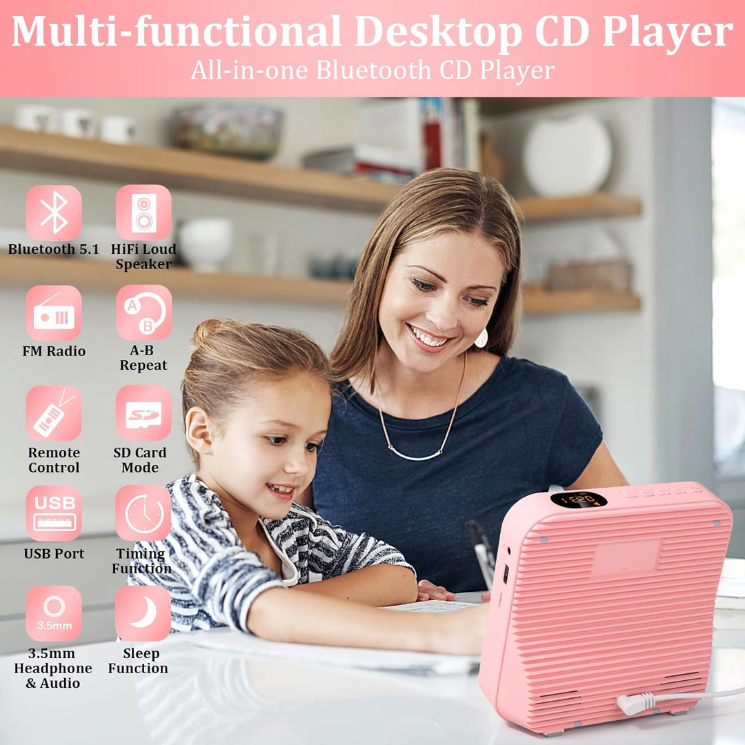 KOVCDVI CD Player mit Radio CD Player Bluetooth 5.1 mit 5W Dual Lautsprecher Wiedergabeleuchte Fernb