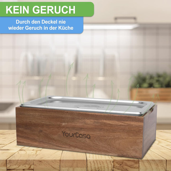 YourCasa® Biomülleimer Küche - Akazien Holz & Edelstahl für alltäglichen Bio Müll - Spülmaschinenfes