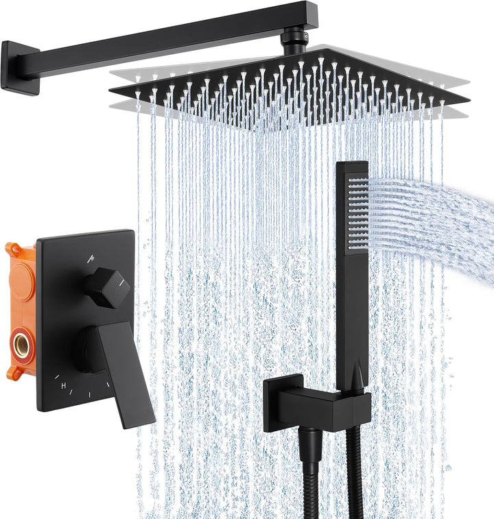KES Unterputz Duscharmatur Set Duschkopf Regendusche Schwarz 3 Funktionen mit Handbrause Duschschlau