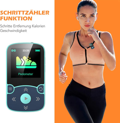 AGPTEK MP3 Player Bluetooth 5.3 Sport 64GB mit 1,5 Zoll TFT Farbbildschirm, Mini Musik Player mit Cl