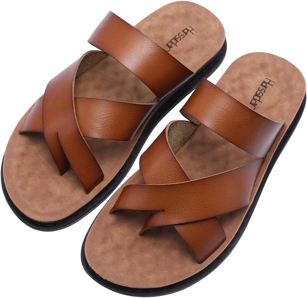 Harssidanzar Herren Sandalen Hausschuhe Cross Straps Slide Slip On Flip Flops für Männer Toe Ring St