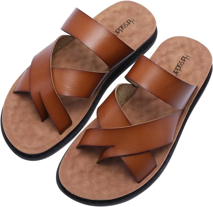 Harssidanzar Herren Sandalen Hausschuhe Cross Straps Slide Slip On Flip Flops für Männer Toe Ring St