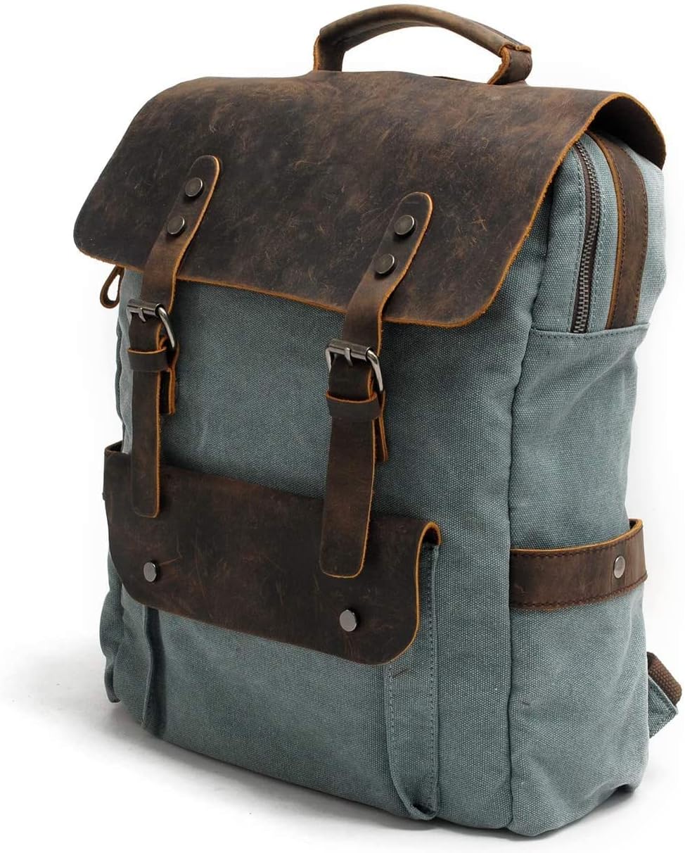 Eysee Daypack Herren Rucksack Canvas mit Leder- Vintage Rucksack Laptoprucksack für 15 Zoll Laptop U