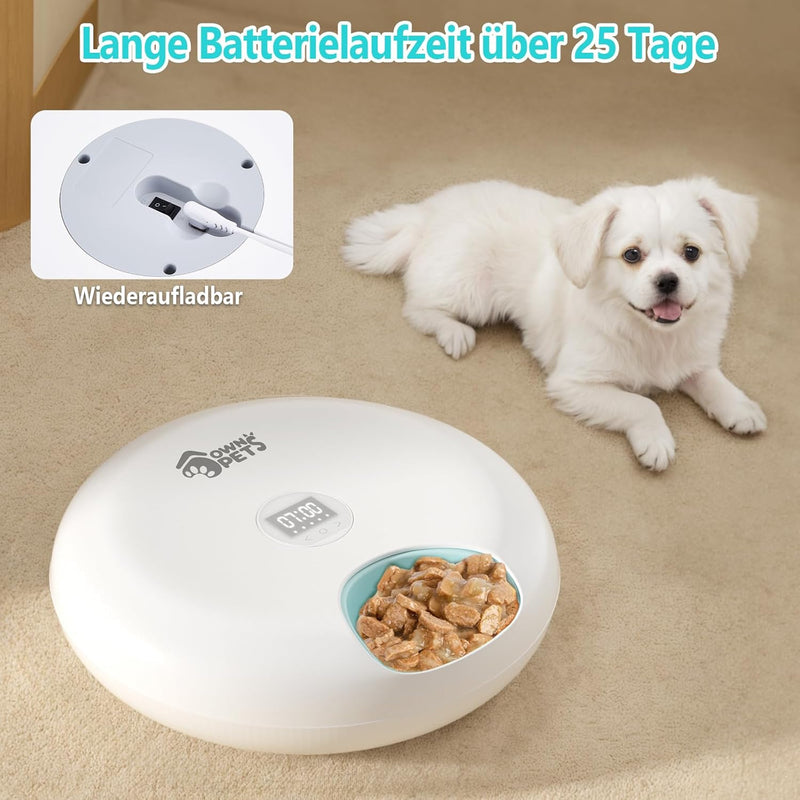 Ownpets 6 Mahlzeiten Automatischer Katzenfutterautomat für Nass/Trockenfutter, mit 2 Kühlakkus, prog