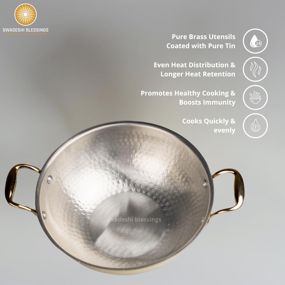 SWADESHI BLESSINGS Exklusive Range Messing Kadai zum Kochen mit Deckel/Teflonfrei/Natürlich antihaft