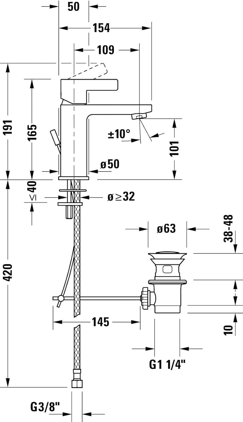 Duravit D-Neo Waschtischarmatur, Grösse M (Auslauf Höhe 110 mm). Wasserhahn Bad mit Zugstangen-Ablau