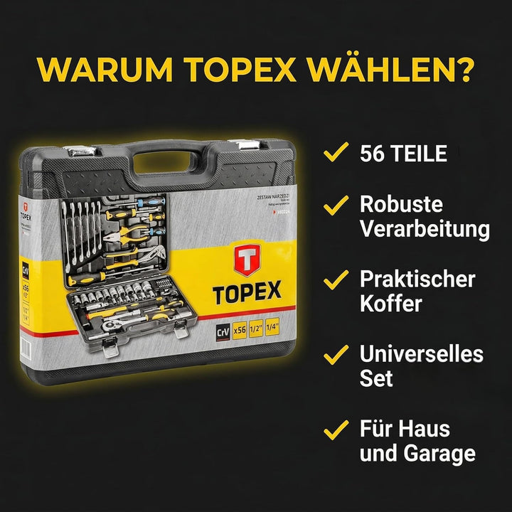 TOPEX -56 Stück Werkzeugkoffer Werkzeugkasten Steckschlüssel Ratschenschlüssel Werkzeugkasten