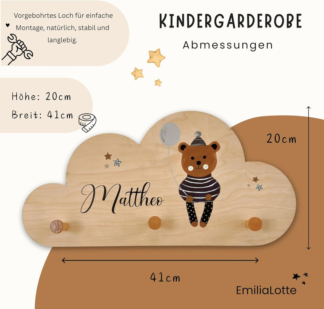 EmiliaLotte Kindergarderobe Personalisiert mit Wunschname I Garderobe Kinder aus Holz - Verschiedene