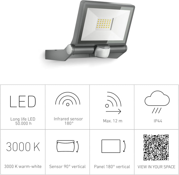 Steinel LED-Aussenstrahler XLED ONE S anthrazit, 180°-Bewegungsmelder, 18,6 W, 2050 lm, 3000K, für Z