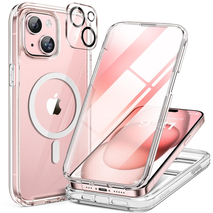 Miracase 360 Grad für iPhone 15 Hülle Magnetisch mit Eingebaut Glas Schutzfolie und Kameraschutz, Ko
